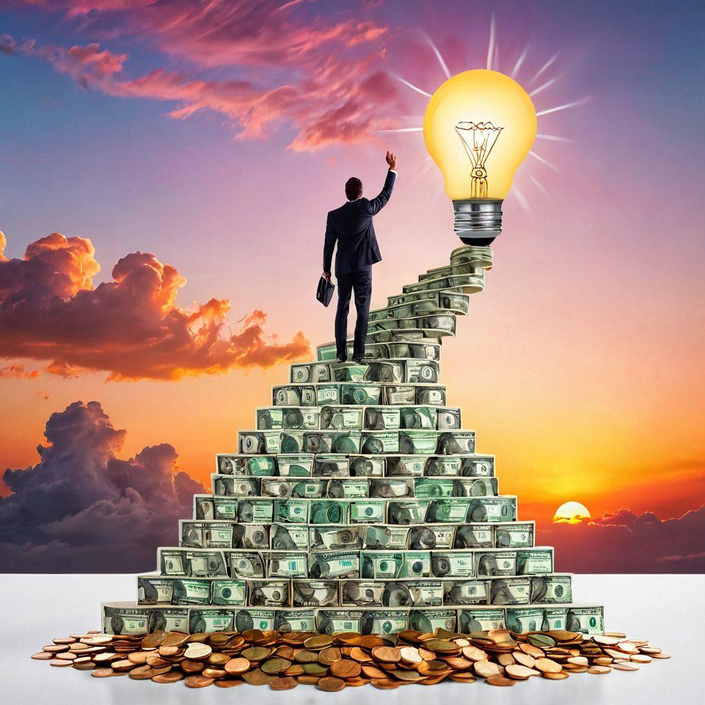 A visually engaging concept of a person standing on a staircase shaped like ascending dollar bills, surrounded by colorful coins symbolizing savings. Alongside them, a glowing light bulb represents budget tips and strategies. In the background, a vibrant sunset signifies hope and a bright financial future. super-realistic. vibrant colors. white background.