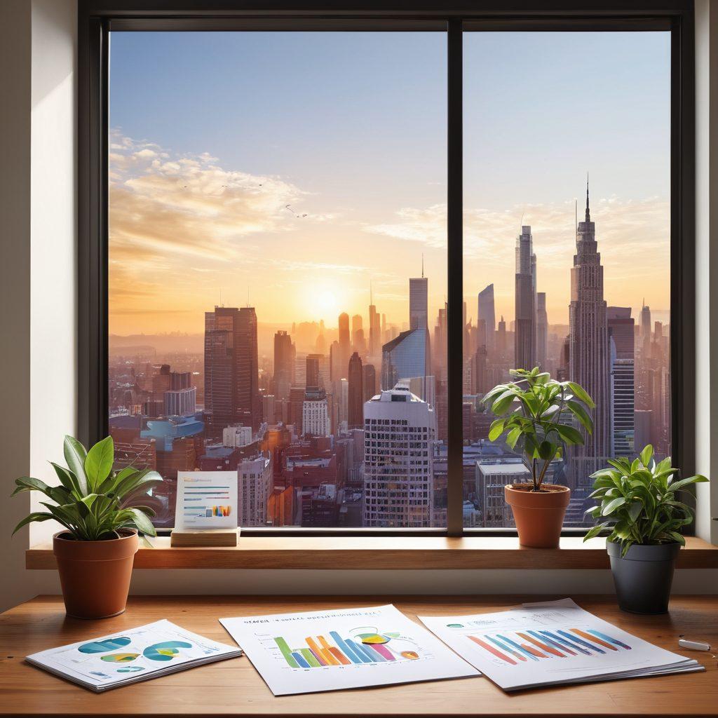 A sleek, modern workspace with a wooden desk showcasing financial graphs and cash flow charts. A potted plant and a diversification pie chart should be prominently featured, symbolizing growth and balance. The background includes a city skyline visible through a large window, representing long-term prosperity. Soft natural light filters in, creating an inviting atmosphere. digital art. vibrant colors. super-realistic.