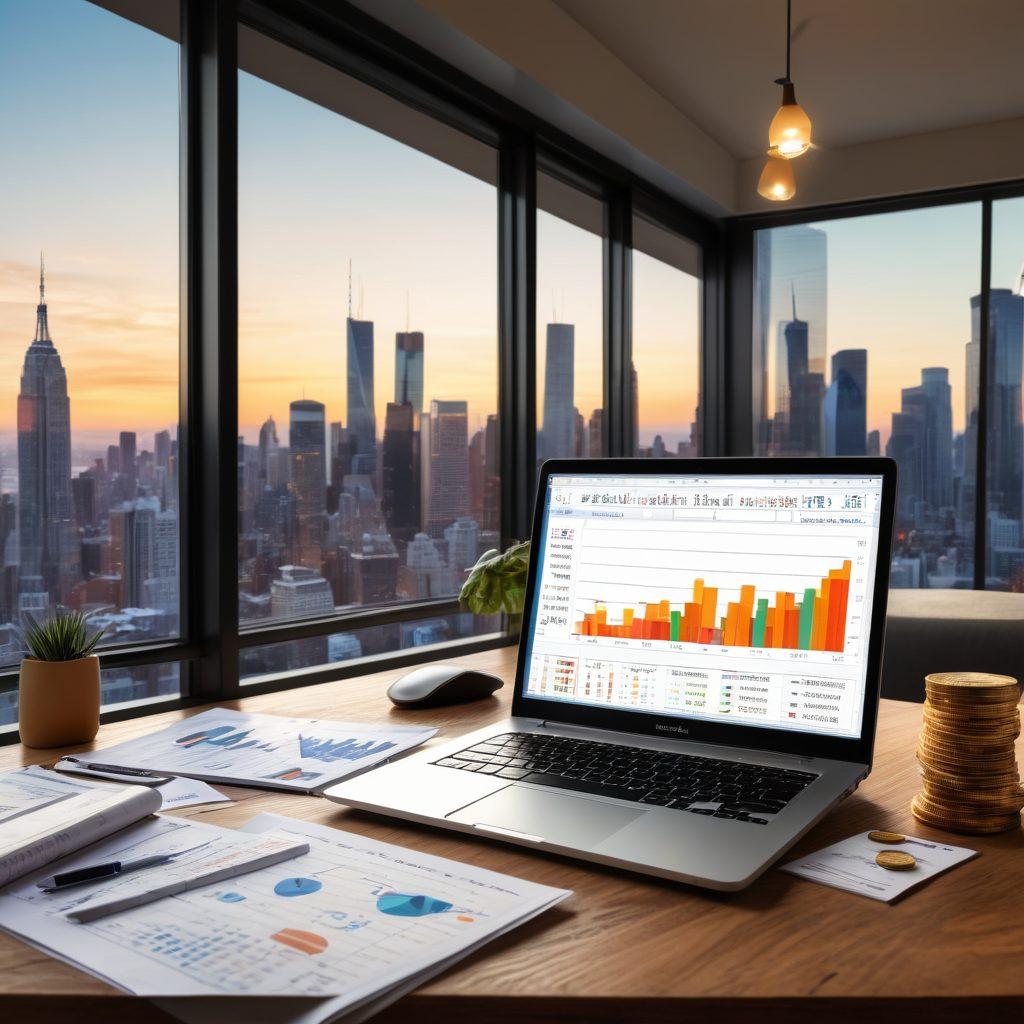 A person sitting at a stylish wooden desk covered with financial documents, a sleek laptop open to a spreadsheet, surrounded by symbolic items like a piggy bank, coins, and a stock market chart on the wall. In the background, a large window showcases a city skyline, symbolizing wealth and opportunity. The lighting is warm and inviting, suggesting a productive atmosphere. super-realistic. vibrant colors. 3D.